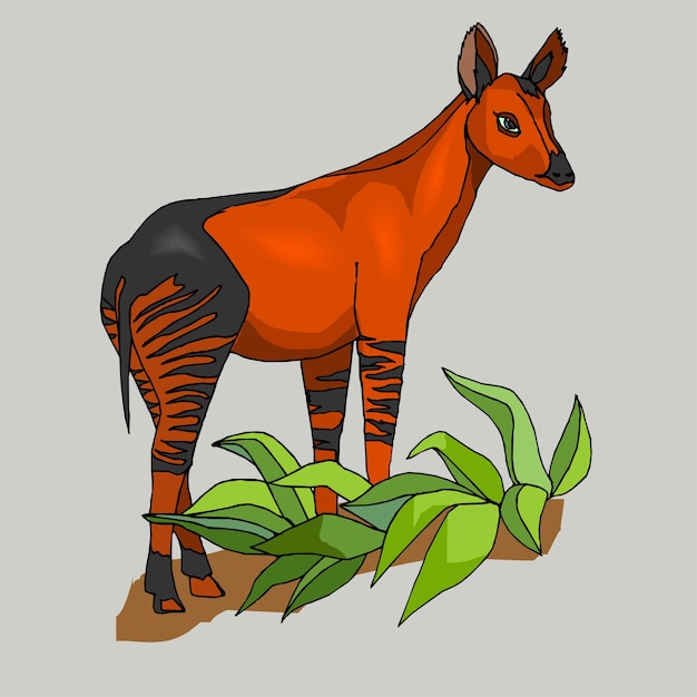 A drawing of a red headed deer with black stripes stands on a branch