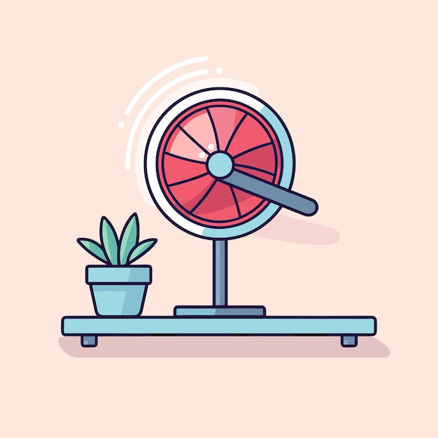 A drawing of a red propeller with a plant in the corner