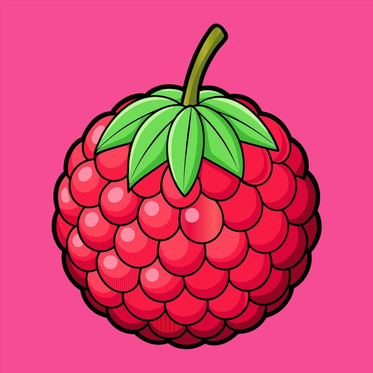 Vector a drawing of a red raspberry with green leaves