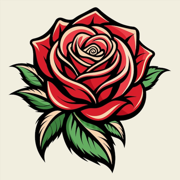 緑の葉を持つ赤いバラの絵