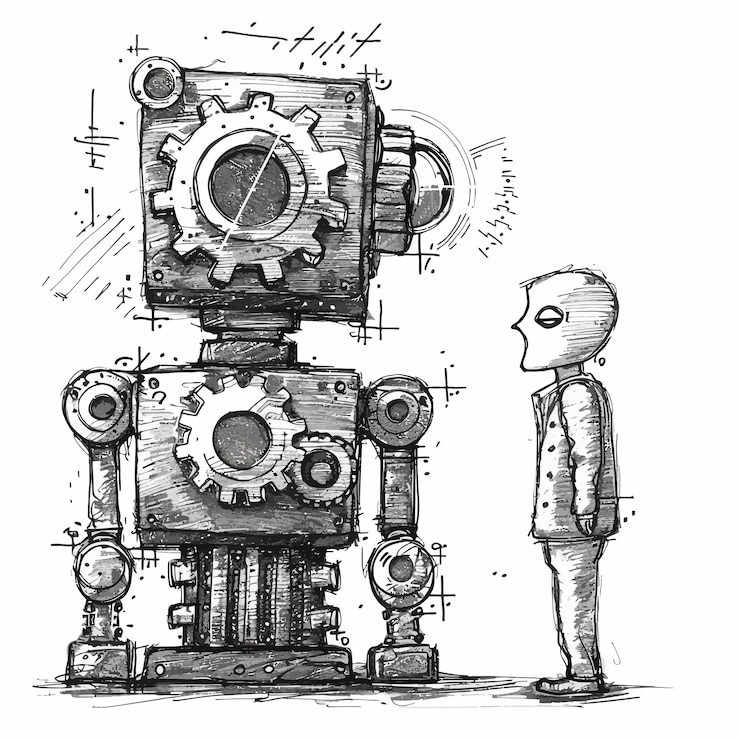Vector a drawing of a robot with a man looking at a robot