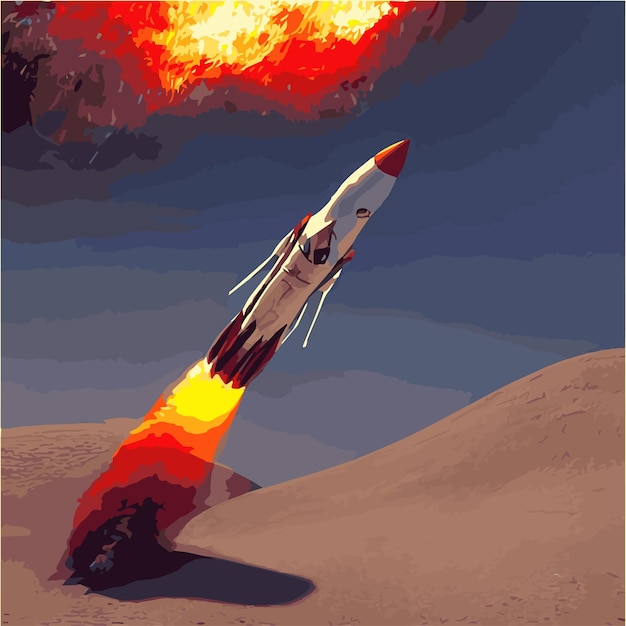 Vector a drawing of a rocket flying in the desert.