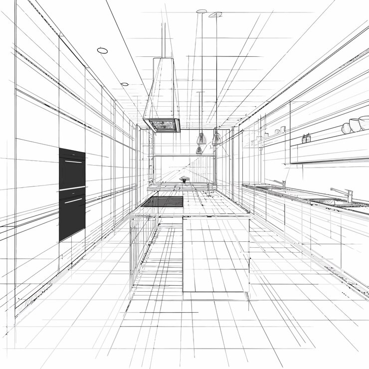 Vector a drawing of a room with a counter and a window