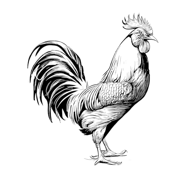 Premium Vector  A drawing of a rooster with a white tail and a black tail.