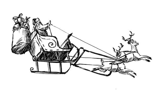 Drawing of the Santa claus is driving reindeer