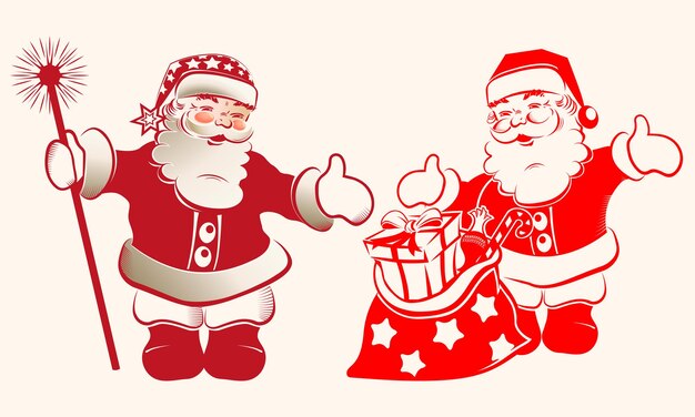 Drawing of Santa claus with staff and gifts set