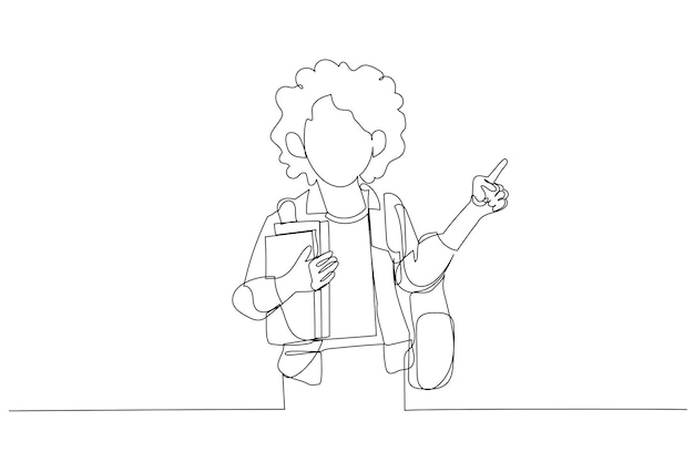 Vector drawing of school girl in casual clothes backpack hold books point index finger aside on copy space single continuous line art style