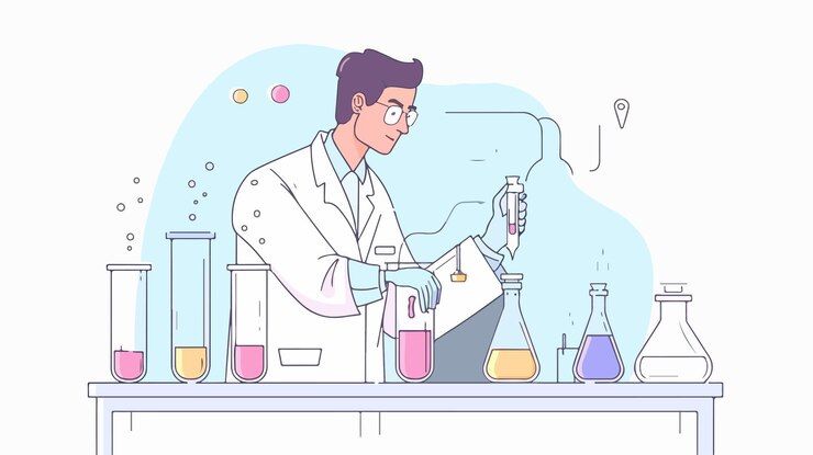 液体のボトルを持った実験室の科学者の絵