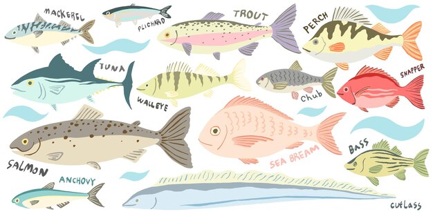 ベクトル 絵画セット 食べられる魚