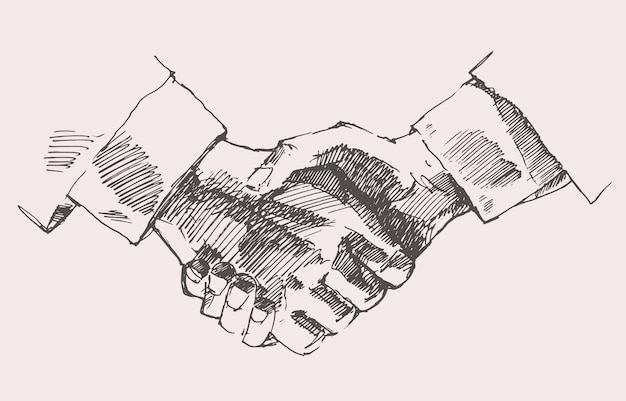 Drawing shake hands, partnership, hand drawn vector illustration