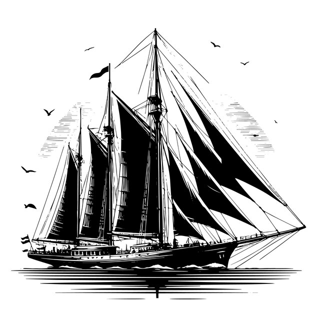 Vector a drawing of a ship with a sail and the word  ship  on it