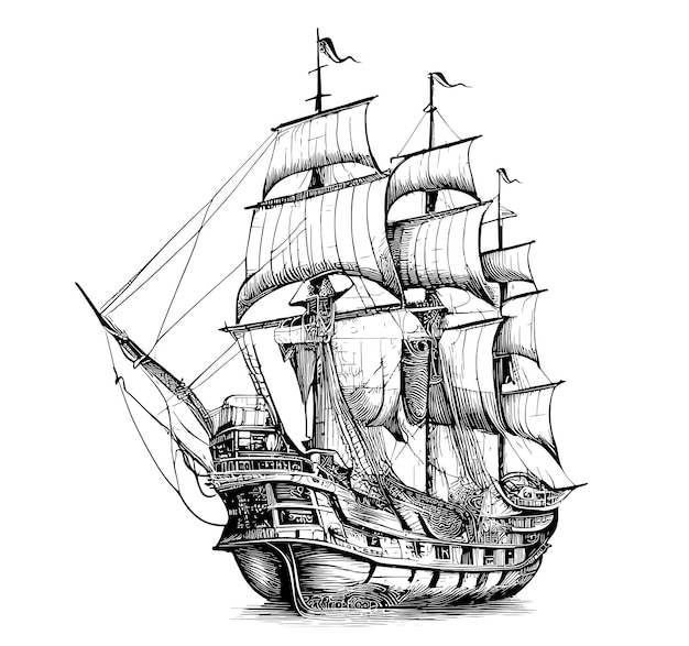 Un disegno di una nave con le vele alzate e la parola pirata sopra.