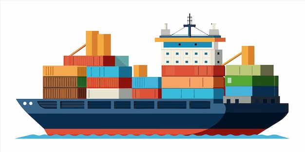 a drawing of a ship with a stack of boxes on the front and the bottom of the ship with a blue ship i