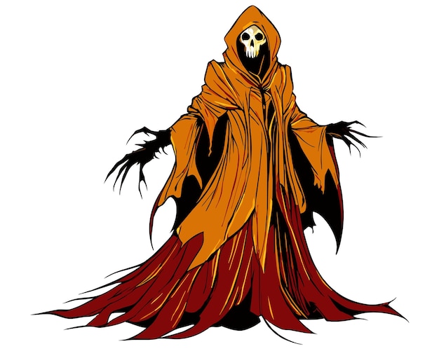 a drawing of a skeleton in a black and orange outfit