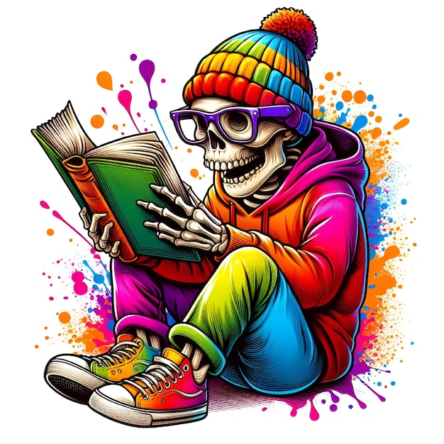 A drawing of a skeleton reading a book with a book titled quot the book quot