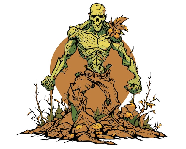 Vector a drawing of a skeleton standing in a pile of dead leaves
