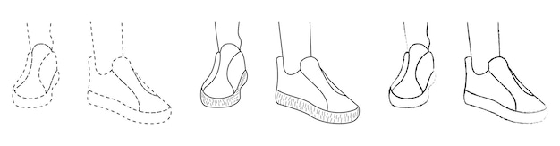 Рисование эскиза контура силуэта спортивных кроссовок, кроссовок, кедов, стиля линии