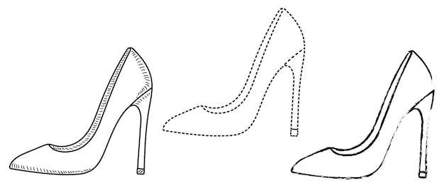 Disegno schizzo contorno silhouette di scarpe da donna alla moda stile linea e pennellate