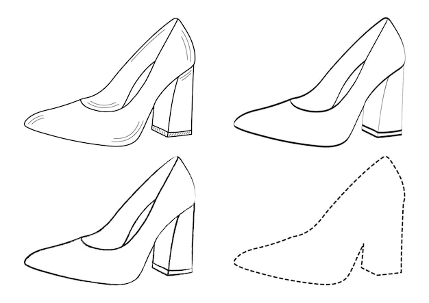 Disegno schizzo contorno silhouette di scarpe da donna alla moda stile linea e pennellate