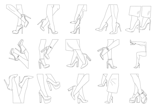 Vector drawing sketch outline silhouettes female legs shoes stilettos high heels walking standing running