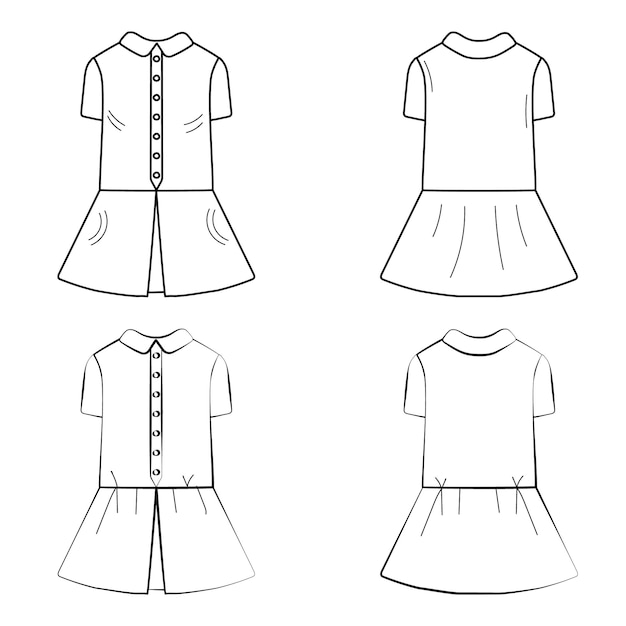 Disegno schizzo sagoma contorno vestiti per bambini modello di abbigliamento per bambini vista frontale e laterale