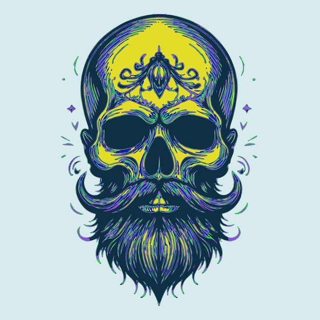 Vector a drawing of a skull with a yellow and blue beard and a yellow and green and blue logo