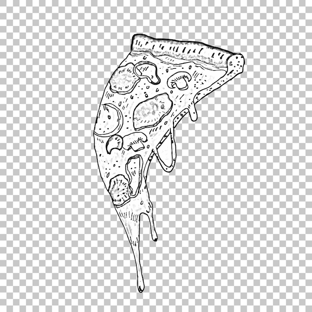 Drawing of a slice of pizza. Vector illustration. Hand drawn pizza illustration. Unhealthy fast food.