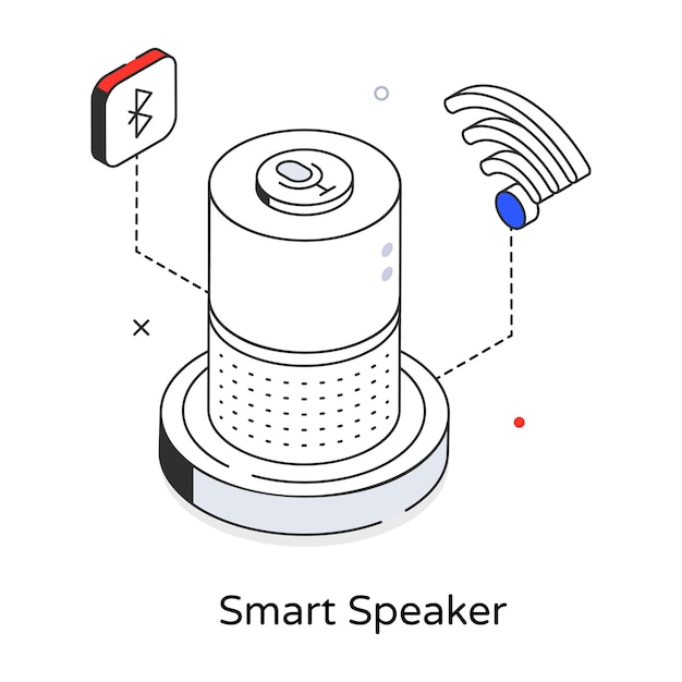 Vector a drawing of a smart speaker with a blue line and a red dot that says smart speaker.