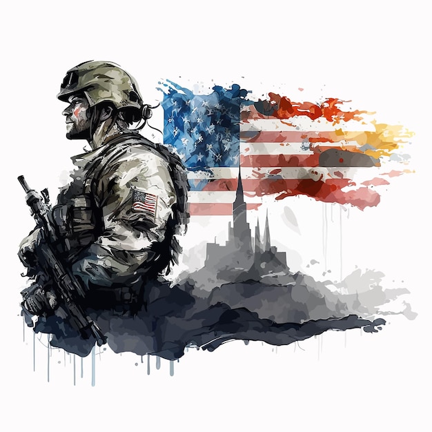 Un disegno di un soldato con la bandiera americana sullo sfondo