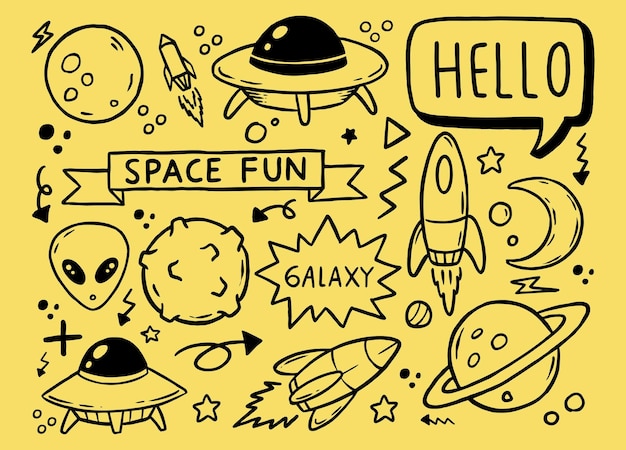 Vector a drawing of space fun written in black and yellow.