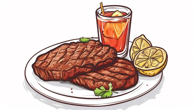 Vettore un disegno di una bistecca e dei limoni su un piatto con una bevanda