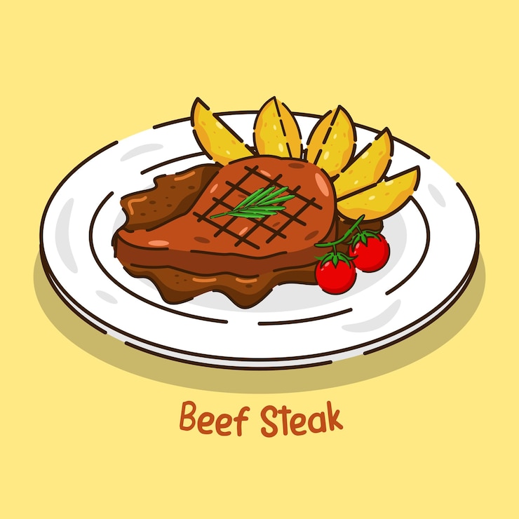 Vector ステーキとビーフステーキという食べ物の皿の絵