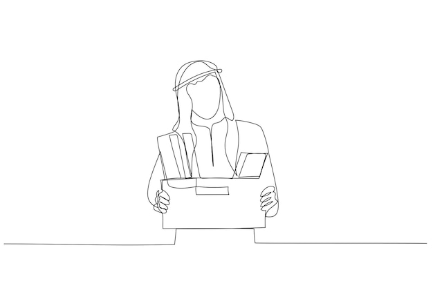 Drawing of stress arab man stand holding box full of belonging after being fired Single line art style