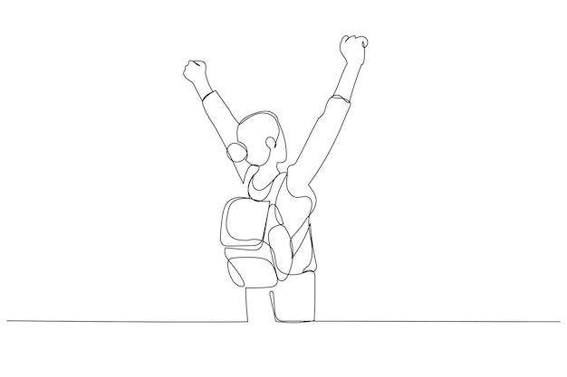 Drawing of student with arms raised on air Continuous line art style