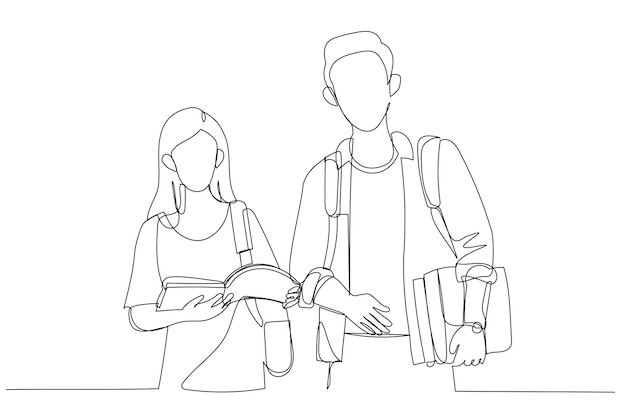 Drawing of students couple in school library have discussion about subject Single continuous line art style