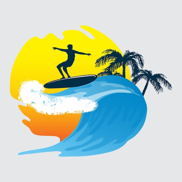 Vector a drawing of a surfer on a surfboard with palm trees in the background