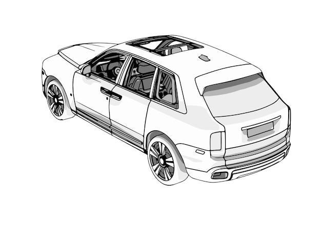 白い背景ベクトルに黒い線の輪郭を持つ SUV の描画
