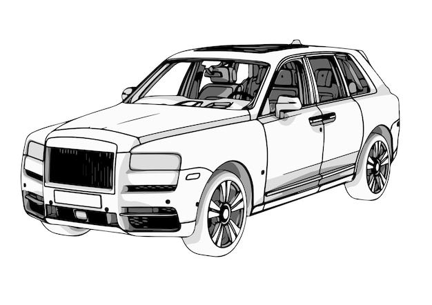 Drawing of an SUV with black lines outline on a white background vector