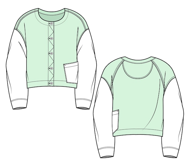 A drawing of a sweater with the front and back pockets on the front.