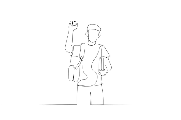 Drawing of teen boy with books and backpack with cap making greeting gesture Continuous line art