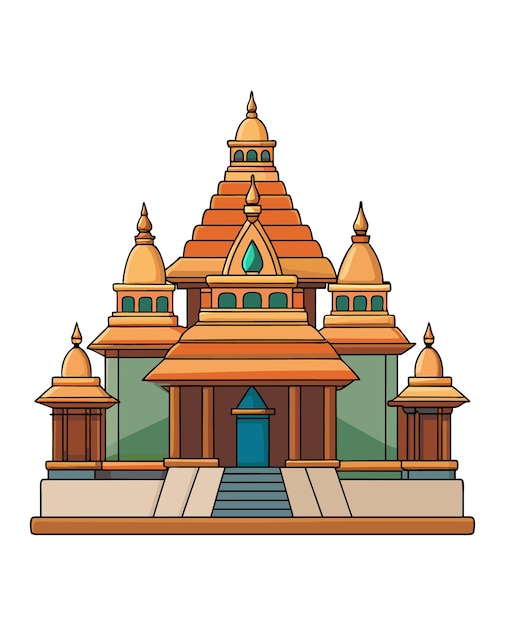 a drawing of a temple with a green and orange design
