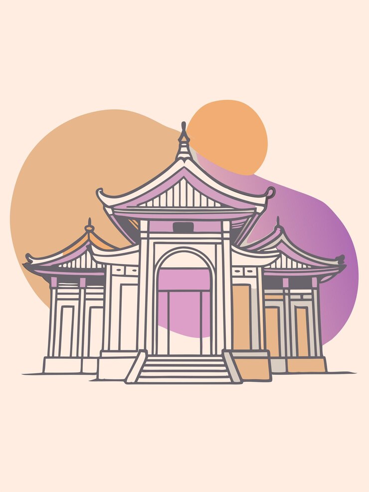 Vector a drawing of a temple with a pink background and a yellow sunset in the background