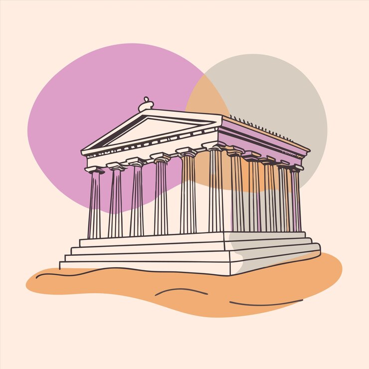 Vector a drawing of a temple with a pink circle and a pink circle in the center
