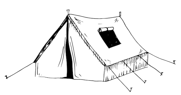 Drawing of Tent for camping Vector hand drawn illustration in doodle style Black Sketch of camp for picnic in white isolated background