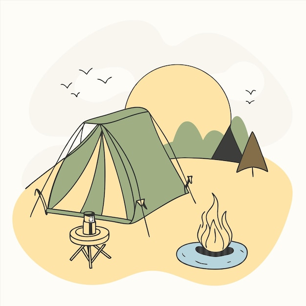 a drawing of a tent and a fire place with mountains in the background