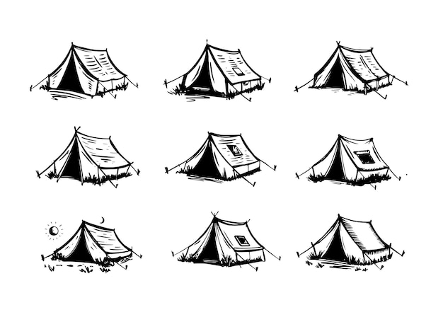 Vector a drawing of a tent with the word camping on it.