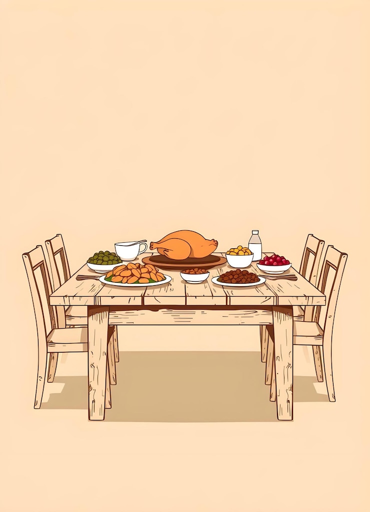 Vector a drawing of a thanksgiving table with food and a picture of a turkey and a bottle of water