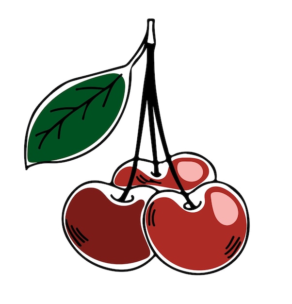 A drawing of three cherries with a green leaf on the stem