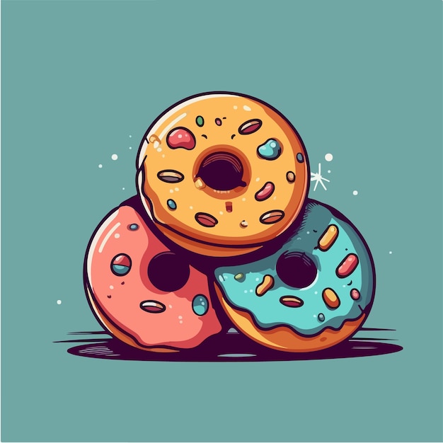 A drawing of three donuts with different colors and one that says donuts.