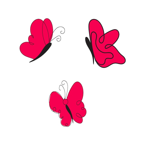 Vettore un disegno di tre farfalle rosa con la parola farfalla sul fondo.